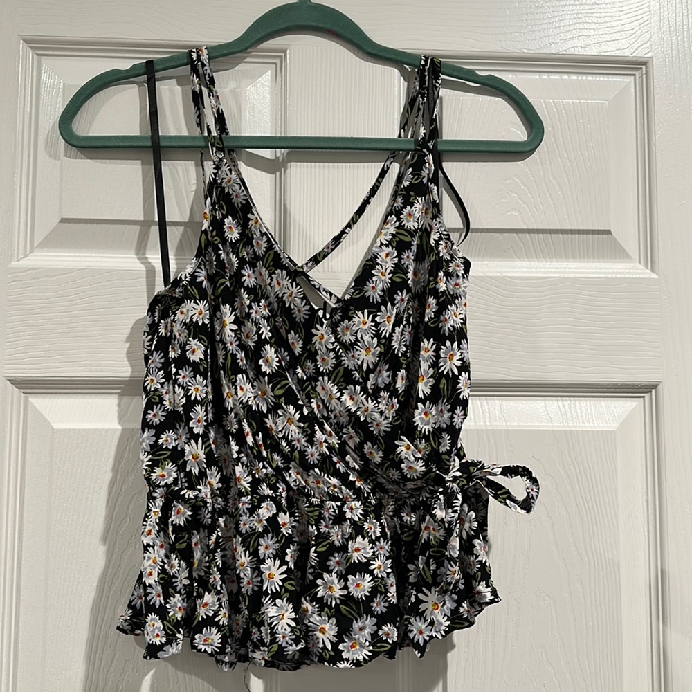Floral blouse with ruffles, thin straps and x back